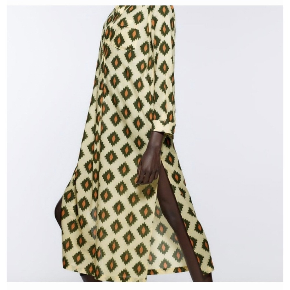 Zara Shirt Dress Size S Cream Green Orange Ikat Geometric Midi Boho Long Slv - Picture 3 of 7